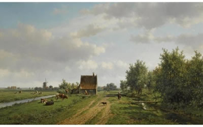 A SUMMER LANDSCAPE WITH FIGURES AND CATTLE