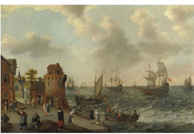 A COASTAL LANDSCAPE WITH NUMEROUS FIGURES ON THE SHORE, A DUTCH FLEET SETTING SAIL, AND A ROWING BOAT APPROACHING THE SHORE