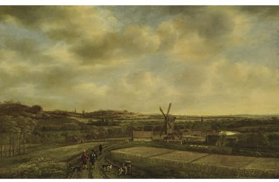 AN EXTENSIVE DUNE LANDSCAPE WITH A WINDMILL NEAR A SMALL VILLAGE, FIGURES CONVERSING ON A PATH NEAR CORNFIELDS
