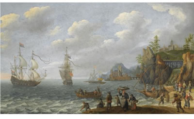 A COASTAL LANDSCAPE WITH TWO DUTCH MERCHANT SHIPS AND OTHER BARGES IN CHOPPY WATERS OFF THE COAST, FISHERMEN UNLOADING THEIR CATCH IN THE FOREGROUND, A HILL TOP TOWN BEYOND by Isaac Willaerts - Auction record, sale price, and art valuation. Compare with similar artists and explore comparable artworks.