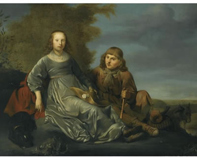 A YOUNG SHEPHERD COUPLE RESTING IN A LANDSCAPE