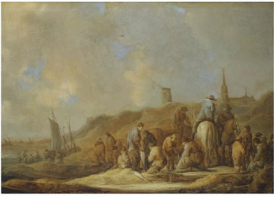 A COASTAL SCENE WITH FISHERMEN AND THEIR CATCH IN THE SAND DUNES by Benjamin Gerritsz Cuyp - Auction record, sale price, and art valuation. Compare with similar artists and explore comparable artworks.