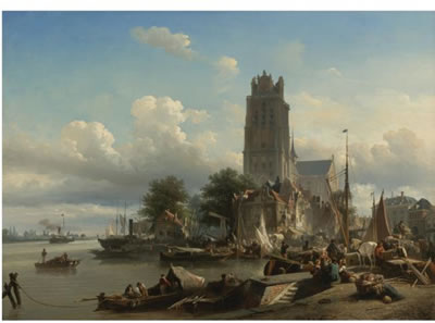 A BUSY HARBOUR WITH MERCHANTS UNLOADING THEIR GOODS