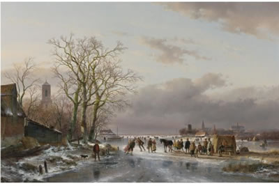 NUMEROUS SKATERS AND A HORSE-SLEDGE BY A REFRESHMENT STALL, A TOWN IN THE DISTANCE by Andreas Schelfhout - Auction record, sale price, and art valuation. Compare with similar artists and explore comparable artworks.