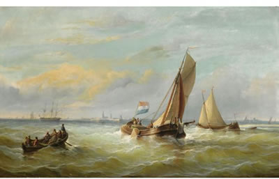 FISHING BOATS ON CHOPPY WATERS, POSSIBLY VLISSINGEN IN THE BACKGROUND