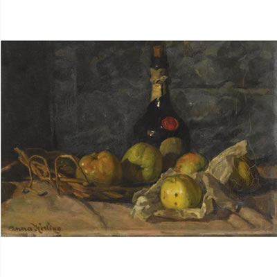 A STILL LIFE WITH A BOTTLE AND FRUIT IN A BASKET by Anna Kerling - Auction record, sale price, and art valuation. Compare with similar artists and explore comparable artworks.