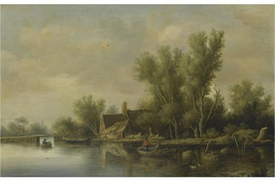 A RIVER ESTUARY WITH TWO PEASANTS FISHING IN A ROWING BOAT NEAR A FARMHOUSE
