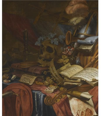 A VANITAS STILL LIFE WITH A FLUTE, A SKULL, MUSIC SHEETS, A GOLD CROWN, A DAGGER, SHELLS AND OTHER OBJECTS, ALL ARRANGED ON A PARTLY DRAPED TABLE by Vincent Laurensz Vinne - Auction record, sale price, and art valuation. Compare with similar artists and explore comparable artworks.