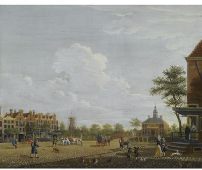 AMSTERDAM: A VIEW OF THE WEESPERPLEIN WITH THE WEESPERPOORT, THE CORN MILL 'HET FORTUYN' ON THE FORTIFICATION WEESP IN THE BACKGROUND