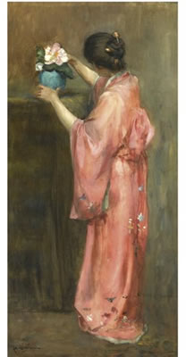 A GIRL IN KIMONO ARRANGING FLOWERS