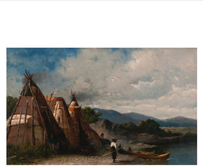 THREE MONTAGNAIS INDIAN BIRCH BARK WIGWAMS, POINT-AU-PIC, MURRAY BAY by William Raphael - Auction record, sale price, and art valuation. Compare with similar artists and explore comparable artworks.