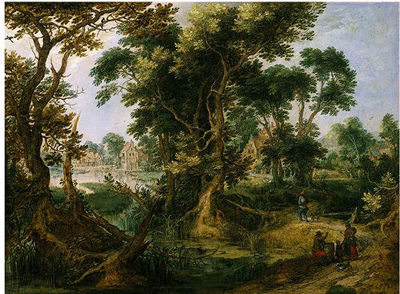 Wooded landscape with sportsman