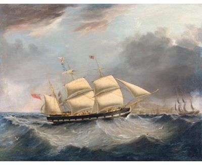 A BRITISH BARQUE, PROBABLY THE EARL OF STANHOPE, IN TWO POSITIONS IN A HEAVY SWELL OFF TABLE MOUNTAIN, SOUTH AFRICA