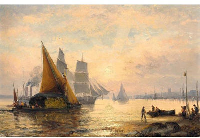 A RIVER LANDSCAPE WITH A BARGE TRANSPORTING CARGO; AND VESSELS ON THE RIVER AT SUNSET