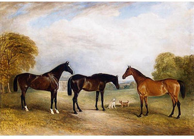 THREE BAY HUNTERS IN A LANDSCAPE WITH TWO DOGS