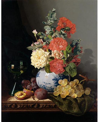 STILL LIFE WITH A VASE OF ROSES, GRAPES, PLUMS AND A WINE GLASS ON A CARVED TABLE