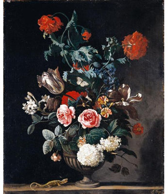 STILL LIFE OF FLOWERS, INCLUDING ROSES, TULIPS AND CHRYSANTHEMUMS, IN A STONE VASE WITH BUTTERFLIES AND A LIZARD by Abraham Jansz Begeyn - Auction record, sale price, and art valuation. Compare with similar artists and explore comparable artworks.