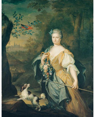 PORTRAIT OF A LADY, THREE-QUARTER LENGTH, STANDING IN A WOODED LANDSCAPE WITH A SPANIEL AND A PERROQUET IN A TREE NEARBY