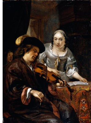 AN INTERIOR WITH A MAN PLAYING THE VIOLIN AND A WOMAN SINGING