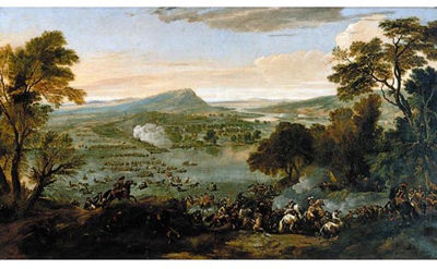 AN EXTENSIVE LANDSCAPE WITH AN ARMY FORDING A LARGE RIVER, SAID TO BE LOUIS XIV CROSSING THE RHINE