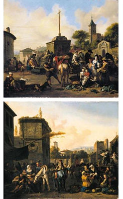 A ROMAN STREET SCENE WITH A VEGETABLE MARKET; A ROMAN STREET SCENE WITH MARKET STALLS AND STROLLING PLAYERS (A Pair)