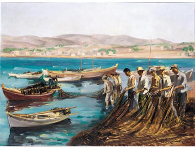 COLLECTING THE NETS by Vasilis Germenis - Auction record, sale price, and art valuation. Compare with similar artists and explore comparable artworks.
