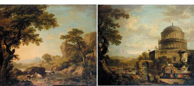 AN EXTENSIVE RIVER LANDSCAPE WITH A DROVER AND CATTLE IN THE FOREGROUND, FISHERMEN AND A CLASSICAL RUIN BEYOND; AND WASHERWOMEN BY A POOL IN A RIVER LANDSCAPE, A CLASSICAL BUILDING BEYOND (a pair)