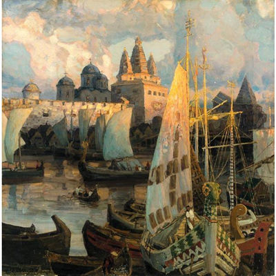 THE HARBOUR AT NOVGOROD by Appolinari Mikhailovich Vasnetsov - Auction record, sale price, and art valuation. Compare with similar artists and explore comparable artworks.
