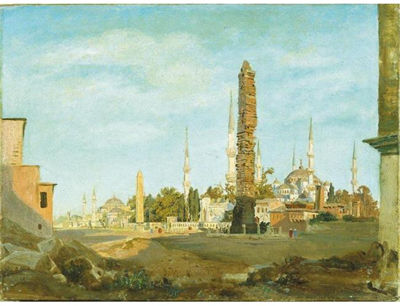 THE BRAZEN COLUMN AND EGYPTIAN OBELISK, THE BLUE MOSQUE AND HAGHIA SOPHIA BEYOND