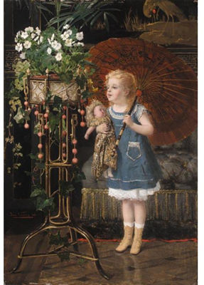 JEUNE FILLE A LA POUPEE ET OMBRELLE