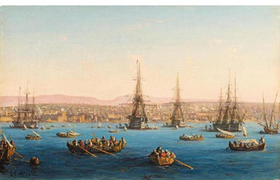 FLEET OF SHIPS BEFORE A TURKISH COASTAL TOWN