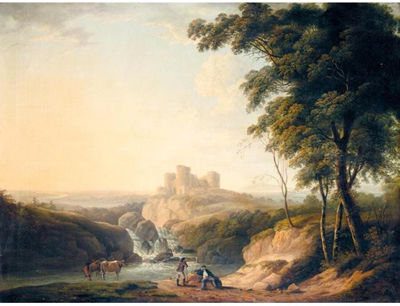 AN EXTENSIVE LANDSCAPE WITH A VIEW OF CHEPSTOW CASTLE ON A HILL BEYOND by John Inigo Richards - Auction record, sale price, and art valuation. Compare with similar artists and explore comparable artworks.