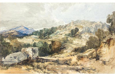 VIEW FROM THE SOUTH EAST OF THE PILLAR TOMB AND THE ROMAN ACROPOLIS AT XANTHUS, LYCIA, WITH ROCK TOMBS IN THE CLIFF FACE