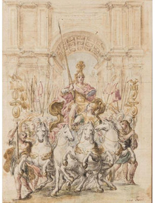 A TRIUMPHAL ARCH WITH A ROMAN EMPEROR ON A QUADRIGA SURROUNDED BY LEGIONARIES by Johann Paul Schor - Auction record, sale price, and art valuation. Compare with similar artists and explore comparable artworks.