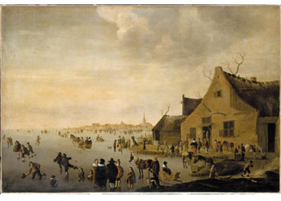 SKATERS ON A FROZEN LAKE AT THE EDGE OF A TOWN