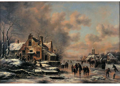 A WINTER LANDSCAPE WITH FIGURES SKATING ON A FROZEN RIVER BEFORE A HOUSE, CHILDREN PLAYING KOLF IN THE FOREGROUND