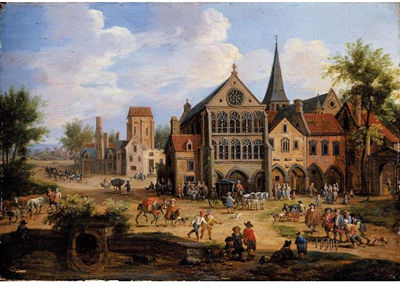 A CROWDED TOWN SCENE WITH PEASANTS PLAYING SKITTLES IN FRONT OF A CHURCH by Pieter Bout - Auction record, sale price, and art valuation. Compare with similar artists and explore comparable artworks.
