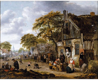 A VILLAGE STREET SCENE WITH FIGURES DRINKING OUTSIDE AN INN AND VENDORS HAWKING THEIR WARES