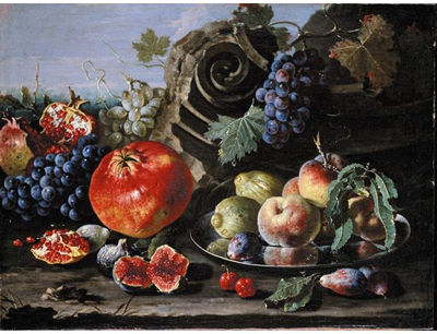 STILL LIFE OF POMEGRANATES, RED AND WHITE GRAPES, FIGS, PLUMS, GREEN FIGS AND PEACHES ON A SILVER PLATE, TOGETHER WITH A FRAGMENT OF A CLASSICAL COLUMN, ALL ARRANGED IN A LANDSCAPE