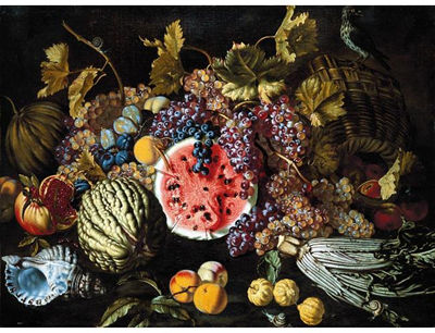 A STILL LIFE OF GRAPES, PLUMS, WATERMELONS, PEACHES, LEMONS, A CARDOON, AN OPEN POMEGRANATE, TOGETHER WITH A SHELL, A SNAIL AND OTHER OBJECTS by Giuseppe Ruoppolo - Auction record, sale price, and art valuation. Compare with similar artists and explore comparable artworks.