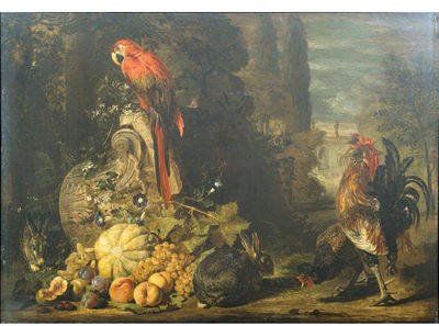 STILL LIFE OF A MELON, PEACHES, GRAPES AND PLUMS, TOGETHER WITH RABBITS, A PARROT, COCKEREL AND HEN, GATHERED AROUND AN OVER-TURNED CORINTHIAN COLUMN CAPITAL, A PARKLAND SETTING BEYOND