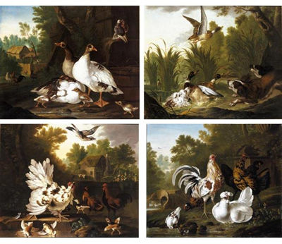 THREE SPANIELS STARTLING A GROUP OF DUCKS IN A POND;A WOODED LANDSCAPE WITH GEESE AND THEIR GOSLINGS TOGETHER WITH A PAIR OF PIGEONS, A THATCHED BARN BEYOND;A WOODED GARDEN WITH COCKERELS AND A PIGEON AT THE EDGE OF A POND;CHICKENS AND THEIR OFFSPRING BEF