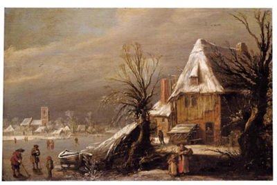 A WINTER LANDSCAPE WITH FIGURES PLAYING KOLF AND SKATING ON A FROZEN RIVER BEFORE A HOUSE, A CHURCH BEYOND