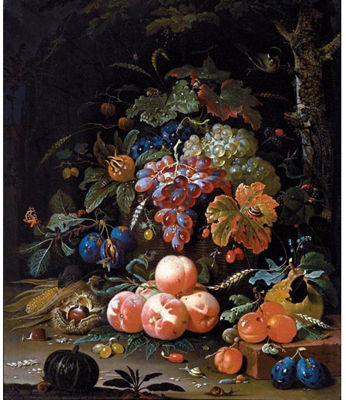 A STILL LIFE OF RED AND WHITE GRAPES IN A BASKET, PEACHES, PLUMS, CHESTNUTS, AN EAR OF CORN AND GOOSEBERRIES RESTING ON A FOREST FLOOR, WITH SNAILS, BUTTERFLIES, A CATERPILLAR, WASP AND OTHER INSECTS