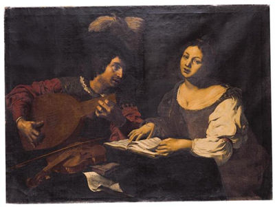 A MUSICIAN PLAYING A LUTE TO A SINGING GIRL