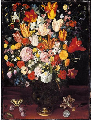 A STILL LIFE OF TULIPS, PINK PEONIES, WHITE LILIES, POPPIES, ANEMONES, A WHITE RACEME ROSE, GARDEN NASTURTIUM AND OTHER FLOWERS IN A VASE RESTING ON A WOODEN SURFACE, WITH A CATERPILLAR, A BUTTERFLY AND A COIN AND MEDAL