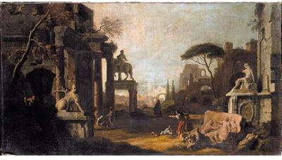 AN ARCHITECTURAL CAPRICCIO WITH ARCHITECTURAL FRAGMENTS, STATUARY INCLUDING A STATUE OF A LION AND AN EQUESTRIAN MONUMENT, TOGETHER WITH FIGURES