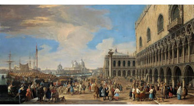 VENICE, A VIEW OF THE MOLO WITH THE DOGE'S PALACE LOOKING WEST TOWARDS THE ZECCA AND THE CHURCH OF SANTA MARIA DELLA SALUTE IN THE DISTANCE