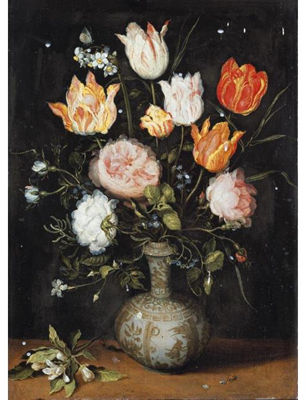 A STILL LIFE OF FLOWERS INCLUDING ROSES, TULIPS, FORGET-ME-NOTS AND MARIGOLDS IN A BLUE-AND-WHITE DELFT PORCELAIN VASE, WITH A SPRIG OF ORANGE BLOSSOM UPON A LEDGE