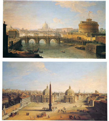 ROME, A VIEW OF THE PIAZZA DEL POPOLO; ROME, A VIEW OF THE TIBER WITH THE PONTE AND CASTEL SANT'ANGELO, ST. PETER'S BASILICA AND THE VATICAN BEYOND(a pair)